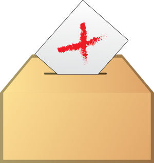 Wahlurne in der ein weißer Zettel mit einem roten Kreuz steckt.