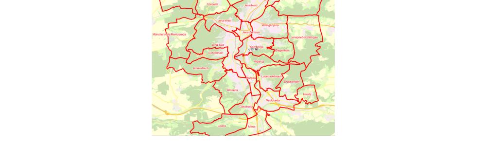 Eine Karte mit roten Linien zur Abgrenzung von einzelnen Flächen, in der Mitte der Schriftzug Jena