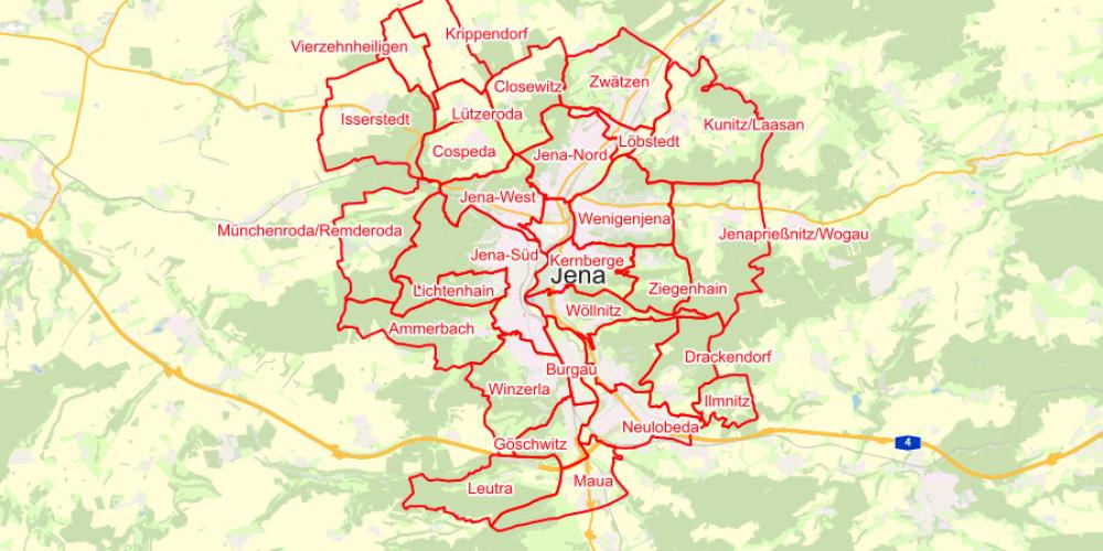 Topografische Karte mit rot umrandeten Felder, die Ortsteile von Jena und deren Grenzen anzeigen.