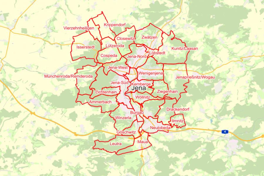 Topografische Karte mit rot umrandeten Felder, die Ortsteile von Jena und deren Grenzen anzeigen.