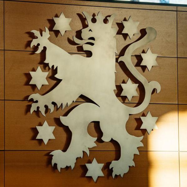 Ein stilisierter Löwe mit Krone und heraushängender Zunge an einer Holzwand, um ihn herum 8 Sterne