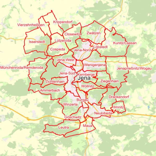 Topografische Karte mit rot umrandeten Felder, die Ortsteile von Jena und deren Grenzen anzeigen.